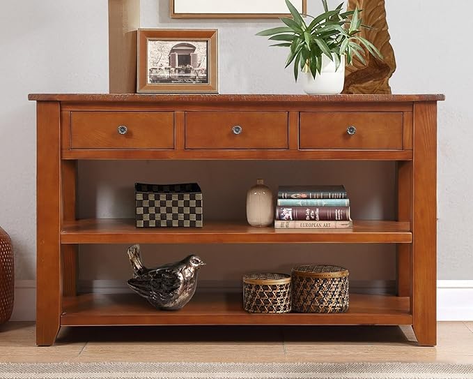 Solid Wood Console Table Entryway Table with Storage Drawers and Bottom Shelf Sofa Table for Entry Hallway Foyer Sofa Couch Table,Fully Assembled (48.8" Brown)