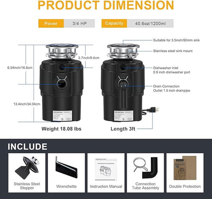 Garbage Disposal 3/4 HP Ultra Quiet powerful grinding Kitchen Food Waste Disposer with Power Cord Easy install, AC Motor Unit Continuous Feed Stainless Steel Grind 0.75 Horsepower (MAX-5)