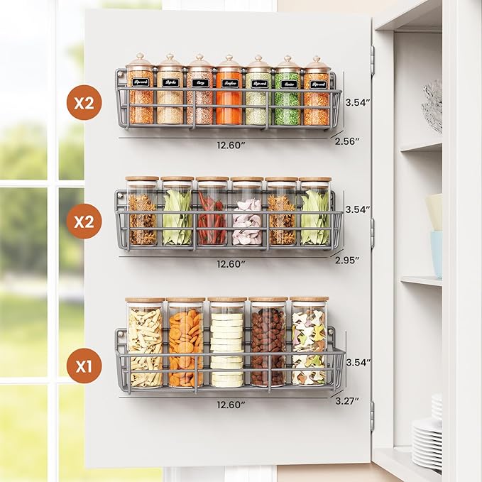 5 Pack Spice Rack Seasoning Organizer Wall Mount, Screw or Adhesive Hanging Shelf Basket Spice Organizer Shelf for Kitchen, Gray