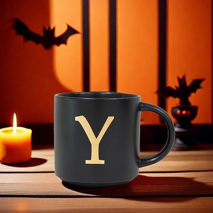 COLLECTIVE HOME - Monogram Ceramic Mugs, 15 oz Golden Initial Black Coffee Cups, Elegant Alphabet Tea Mugs, Elegant Personalized Mug with Gift Box, Unique Mug with Double Side Capital Lette (Y)