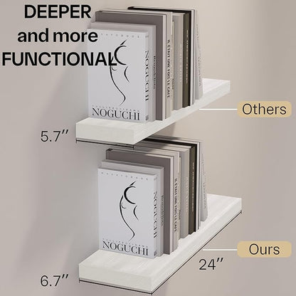 BGMG Wood Floating Shelves 24 inch Long,Rustic Solid Wooden Deep Wall Shelves for Bathroom Living Room Bedroom Kitchen Farmhouse Set of 2-24x6.7x1.25 inch-White
