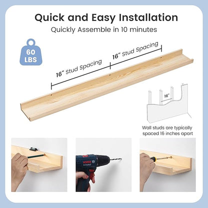 Picture Ledge Shelf for Wall, 48 inch Solid Pine Wood Nursery Book Shelves 2 Packs, Floating Ledge Shelves for Kids' Room Bedroom Bathroom Living Room Photo Frames Office Nursey Wall Decor, Natural