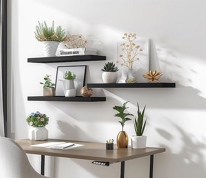 Wood Floating Shelves for Wall Decor, Rustic Wall Shelves for Bedroom Bathroom Kitchen Living Room, Set of 4 Black 24 Inch