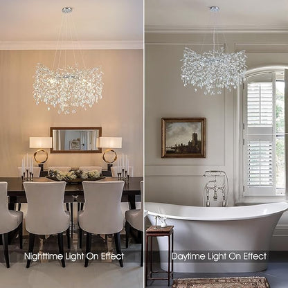 Modern Round Crystal Chandeliers, 30" Crystal Chandeliers for Dining Room,Silver Tree Branches Chandelier, for Living Room,High Ceiling,Foyer,Entryway,Kitchen Island