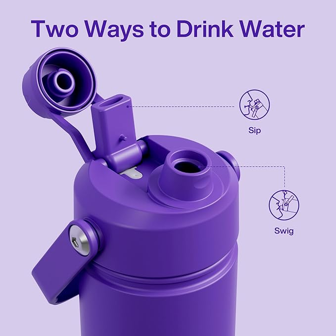 Kids Insualated Water Bottle with Straw - 12oz Stainless Steel Water Bottle with Dual Spouts, Leak-Proof, BPA-Free, Double Wall Vacuum Keeps Cold for 24 Hours for Sports, Travel, School (Violet)