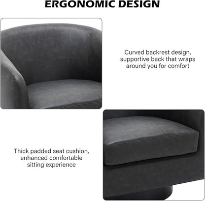 Swivel Barrel Accent Chair, Modern Round Faux Leather Arm Chair for Living Room, Bedroom, Comfy Club Reading Chairs for Adults(Faux Leather, Black Grey, Set of 4)