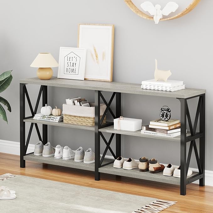 LVB Industrial Entryway Table, Farmhouse Rustic Console Table Behind Couch, Long Metal Wooden Sofa Table with Storage Shelf, Modern Foyer Hallway for Living Room Bedroom, Light Grey Oak, 63 in
