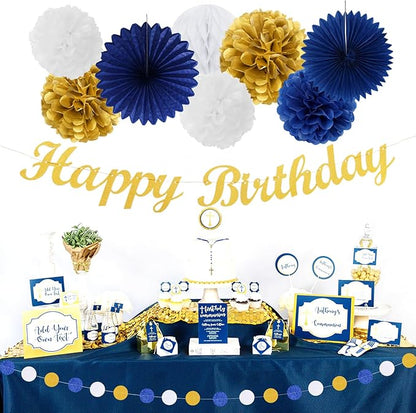 Navy-Blue Gold Birthday Party-Decorations Paper-Flowers - 14pcs Happy Banner Royal Lanterns Tissue Pom Poms,Men Streamers Garland Fans Honeycomb,Teen Boys Male Kids Hanging Supplies Decor Hugfond