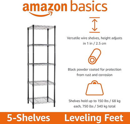 Amazon Basics 5-Shelf Tower Adjustable Storage Shelving Unit, Black, 16 D x 16 W x 54 H in