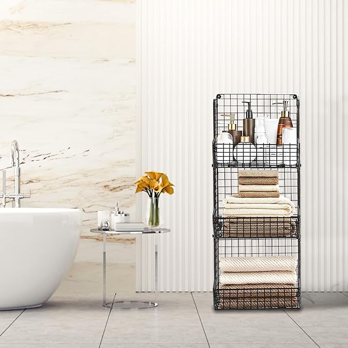 Stackable Wire Storage Baskets for Kitchen Closet Pantry, Hanging Closet Organizers Storage Shelves Organization, Wall Mount Metal Basket Bins, Clothing Vegetable & Fruit Organizer 3 pcs