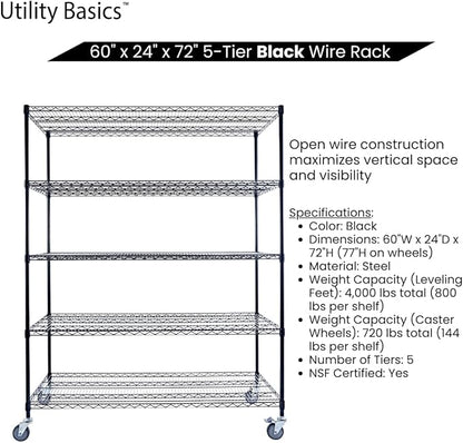 60"x24"x72" Black 5-Tier Premium Metal Wire Shelving NSF 4000 LBS MAX Capacity Heavy Duty Steel Storage Rack for Warehouse, Garage, Hospital, Commercial Space & School w/Premium Wheels