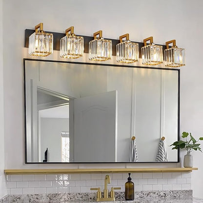 Modern Bathroom Vanity Light 6-Lights Black Gold Crystal Wall Lamp Bathroom Modern Crystal Vanity Lighting