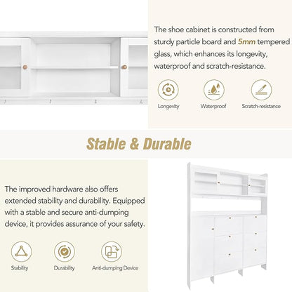 Ball & Cast Tipping Bucket 3-Tier Shoe Cabinet with 6 Flip Drawers and Storage Shelf,Entryway Hall Tree with Tempered Glass Doors and 4 Hooks,for Hallway,Mudroom,Living Room,White