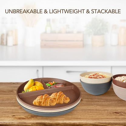 greenandlife 10 Inch 4PCS Unbreakable Portion Control Plates, Divided Plates for Kids Adults, Dishwasher & Microwave Safe Compartment Plate, Lightweight Reusable Wheat Straw Plate, Earth Tone