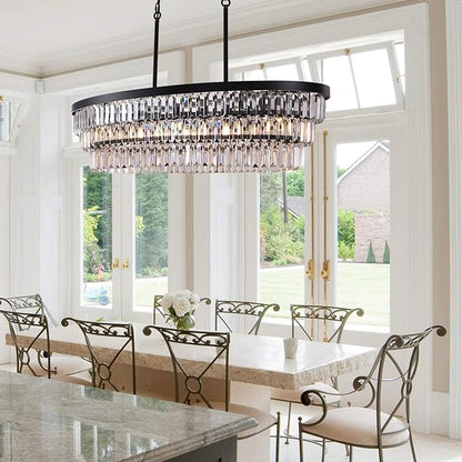 TOCHIC Chandelier 40 inch, Farmhouse Black Crystal Chandelier, Kitchen Island Lighting, Dining Room Light Fixture for High Ceiling, Modern Linear Oval Chandeliers for Living Room, Office Area, Bar