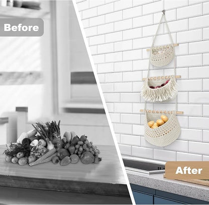 Hanging Baskets for Organizing, 3 Tier Detachable Wall Hanging Fruit Basket Over the Door Organizer for Fruit Vegetable Plant, Beige Boho Cotton Crocheted Fruit Holder for Kitchen Bathroom Bedroom