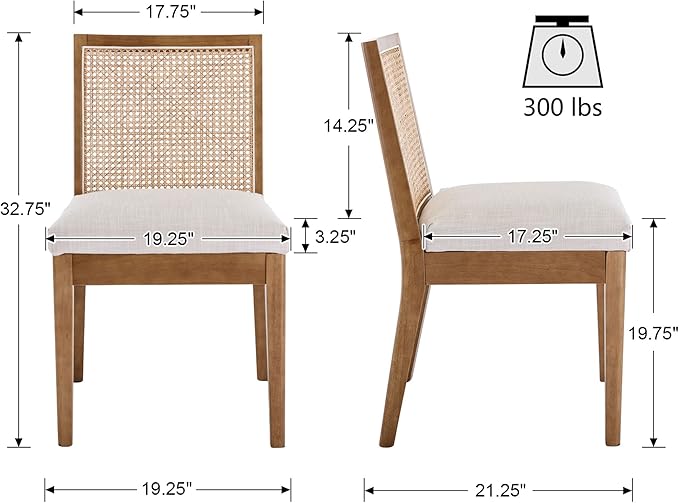 VESCASA Upholstered Dining Chairs with Square Rattan Back, Armless Padded Linen Cushion Dining Chairs with Wood Legs for Dining Room, Kitchen, Set of 6, Natural Frame