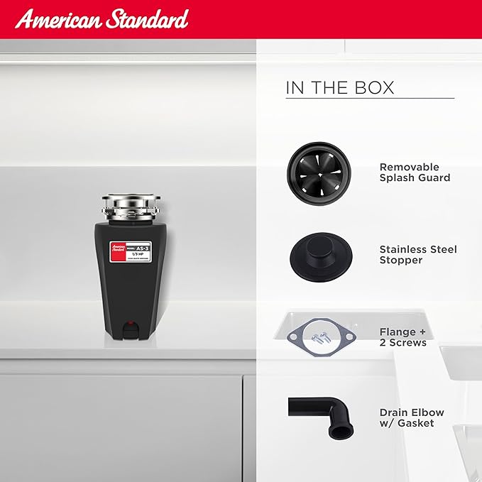 American Standard 10-US-AS-3 Garbage Disposal Anti-Jam Stainless Steel Food Waste Grinding System, Slim Line, 1/3 HP, Black