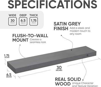 Homeforia Gray Floating Shelves for Wall, Premium Solid Wood Grey Shelf, Grey Bathroom Shelves, Heavy Duty Bracket, 30 x 6.5 x 1.75 inch, Set of 2