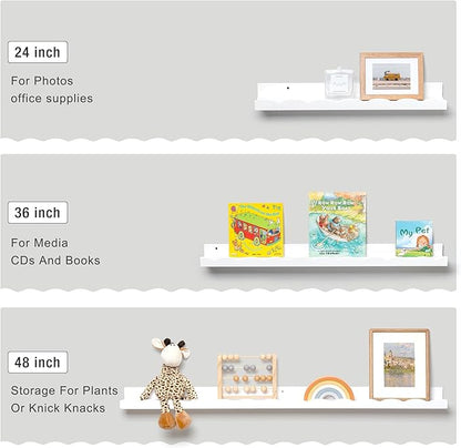 Fun Memories Picture Ledge Shelf for Wall, 24 inch Pine Wood Nursery Book Shelves Set of 2- Wall Book Shelves for Kids Room, Home Decor - Kitchen Spice-White