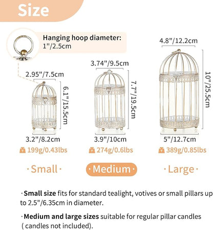 NUPTIO Candle Holders for Pillar Candles: 2 Set of 7.7 inch H Antique White Bird Cages Lantern Wedding Centerpiece Small Metal Hanging Pillars Holder for Bridal Shower Party Table Decorations