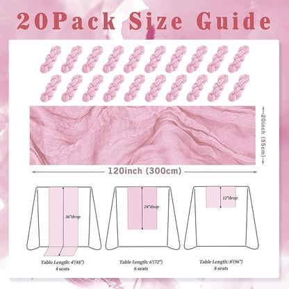 Light Pink Cheesecloth Table Runner 20 Pack 10FT Rustic Gauze Fabric Cheese Cloth Table Runner for Wedding 20 x 120 Inch Long Bridal Baby Shower Table Decorations Boho Sheer Birthday Party Table Decor