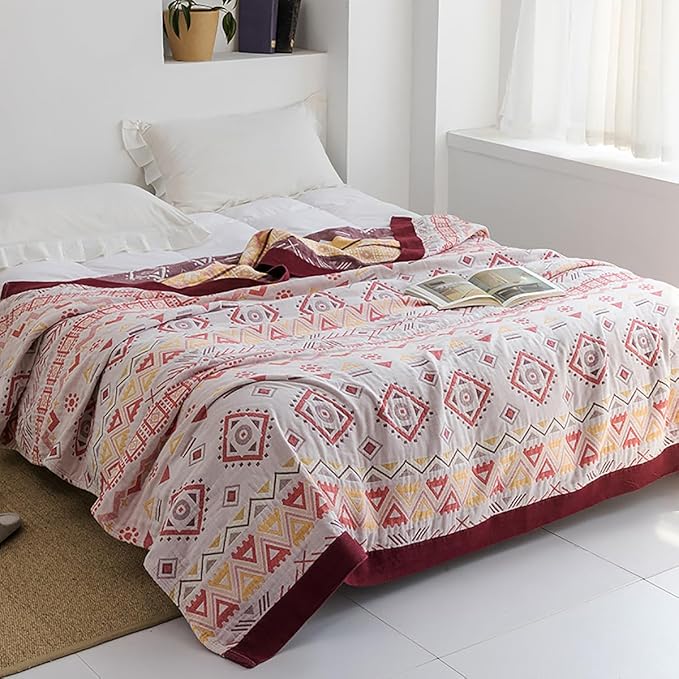 Boho Muslin Blanket for Adults 4-Layer Gauze Twin Size Soft Cozy 100% Cotton Cooling Blanket Red Geometric Farmhouse Decor for Sofa Bed Coverlet Both Sides (Boho-G-Red, Twin 60 x 80 in)