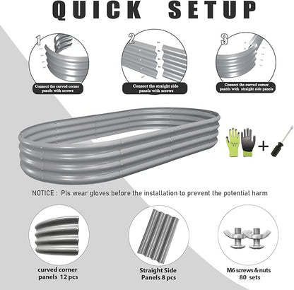 2 Pack 8x4x1FT Galvanized Raised Garden Bed Kit Oval Metal Ground Planter Box Outdoor Bottomless Planter Raised Beds for Vegetables Flowers Herbs Fruits, Gray