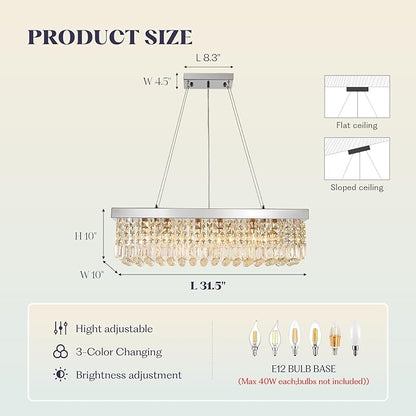 Modern Crystal Chandelier for Dining Room,6 Light K9 Crystal Rectangle Chandelier, Rectangular Pendant Ceiling Light Fixture for Living Room Kitchen Island L31.5''xW10''xH10''
