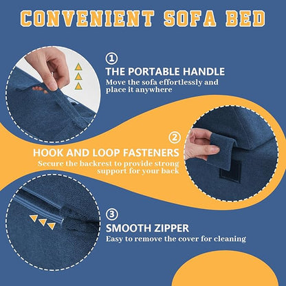jela Foldable Sofa Bed Soft Foam Convertible Sleeper Chair Luxury Miss Fabric Fold Out Chair Bed Floor Couch with Back Support Floor Sofa for Living Room Bedroom (83"x33",Navy)