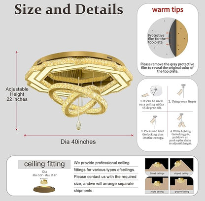 Flashing God Modern Crystal Chandelier,Large Ceiling Chandelier Gold Pendant Lighting Crystal Ceiling Light for Dining Living Room Bedroom