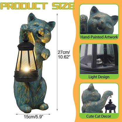 Garden Statues Cat with Solar Lantern Outdoor Bunny Figurines Decorations for Patio Yard Lawn Ornaments Gifts for Birthday Easter Housewarming Mother's Day