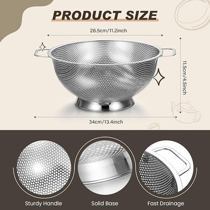 Norme 5 Quart Stainless Steel Silver Colander and 3 Pcs Silver Fine Mesh Strainer, Stainless Steel Pasta Rice Food Metal Strainer with Handles, Easy Clean and Dishwasher Safe