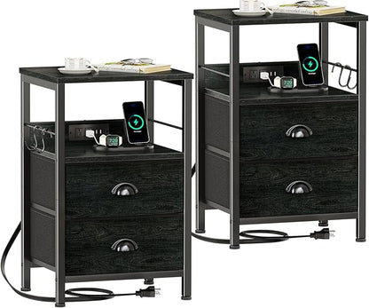 Furologee Nightstand Set of 2, Black Oak, with Charging Station and USB Ports, Side Tables with 2 Fabric Drawers, Bedside Tables with Storage Shelf & Hooks, for Living Room/Bedroom