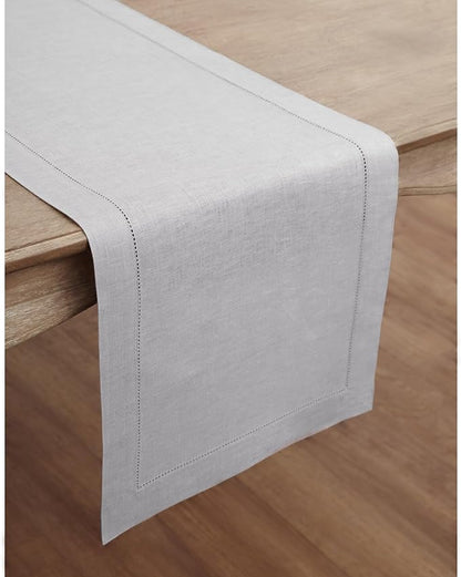 Solino Home Linen Soft Grey Table Runner 48 Inches - Classic Hemstitch, 100% Pure Linen Coffee Table Runner 14 x 48 Inch Ideal for Dresser Tables - Fall, Autumn, Halloween, Thanksgiving