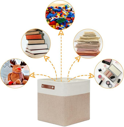 DULLEMELO Cube Storage Bins - 4 Pack Foldable Large Storage Baskets 12 inch Gifts Empty Fabric Bins for Home Office Cubes Organizer Closet, Shelves, Toy, Nursery (4 Pack - 12" White&Khaki)