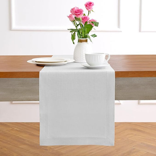 Solino Home Linen Table Runner 108 Inches Long - 100% Pure Linen Silver Cloud Dining Table Runner 14 x 108 Inch for Fall, Autumn, Thanksgiving - Fete