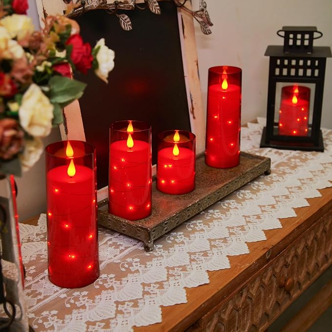 Homemory Acrylic Flameless Candles with Embedded Star String Fairy Lights, Battery Operated Candle, LED Candles, Fake Candles with Remote Control and Timer, Red, Set of 5(H4 5" 6" 8" 8")