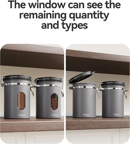 Veken Coffee Canister with Window,Airtight Stainless Steel Kitchen Food Storage Container, Date Tracker & Scoop for Grounds Coffee, Beans, Tea, Flour, Cereal,Sugar,22OZ,Grey