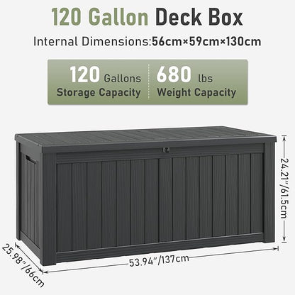 KAMABOKO Outdoor Storage Box, 120 Gallon Large Outdoor Resin Deck Box, Storage Waterproof Boxes Lockable Lid for Garden Tools, Pool Supplies, Patio Furniture and Cushions, Black