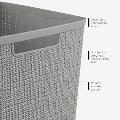 Curver Set of 4 Jute Large Cube Decorative Plastic Organization and Storage Baskets, Perfect Bins for Home Office, Closet Shelves, Kitchen Pantry and All Bedroom Essentials, Grey