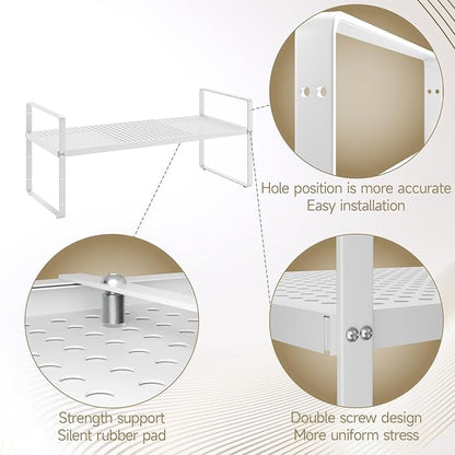 Hole Pattern Expandable Shelf Organizer,2Pack 10.2" Wide Easy to Assemble Cabinet Organizer Shelf, 16.5~27.1" Adjustable Height&Stackable Spice Organization for Cupboard, White