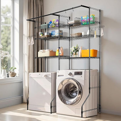 VEVOR Over The Washer and Dryer Storage Shelf, 6 Tier Laundry Room Drying Rack with Hanger Rod and Hooks, Adjustable Over Washer and Dryer Shelves, Laundry Room Shelf Storage Space Saver, Black