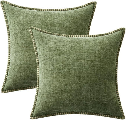 MIULEE Pack of 2 Couch Throw Pillow Covers 24x24 Inch Sage Green Farmhouse Decorative Pillow Covers with Stitched Edge Soft Chenille Solid Dyed Spring Pillow Covers for Sofa Bed Living Room