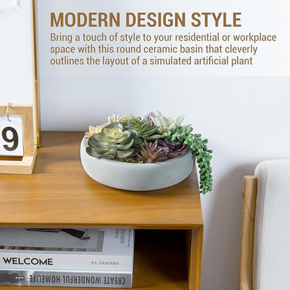 MyGift 8 Inch Round Modern Artificial Succulent Arrangement Potted in Gray Concrete Plant Bowl, Assorted Faux Mini Succulents in a Decorative Planter Pot