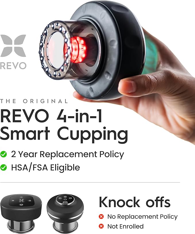 REVO The Original 4-in-1 Smart Cupping Therapy Massager, Red Light Therapy for Targeted Pain Relief, Knots, Aches, Muscle Soreness, Circulation & Tighter Skin, Portable Cupping Kit (Four Pack)