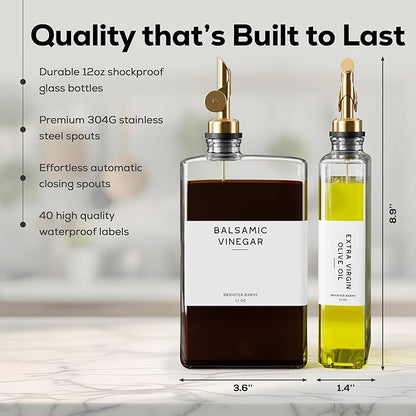 Glass Olive Oil Dispenser Bottle for Kitchen by Brighter Barns - Coffee Syrup Dispenser, Oil and Vinegar Bottle - Modern Kitchen Essentials for Home, Restaurant, Coffee Bar, Airbnb (Clear, Set of 2)