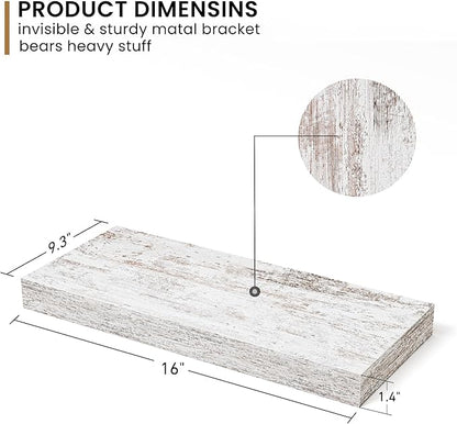 Fun Memories Deep Floating Shelves - 16" W x 9" D x 1.6" H Rustic Grey Wall Shelf - Wall Mounted Shelves for Storage - Wooden Shelves with Invisible Brackets for Living Room, Farmhouse - Set of 2