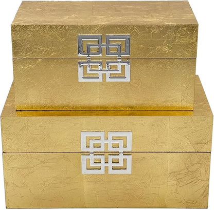 Galt International Storage Box Set Decorative Storage Box w/Hinged Lid Classic Design Wood Decor Boxes with Geometric Clasp Storage for Bedroom & Home - Set of 2 (Gold Leaf)