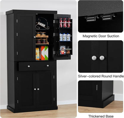 usikey 72” Kitchen Pantry Cabinet, Tall Storage Cabinet with 4 Doors and 1 Drawer, Freestanding Cupboard with 6 Hanging Shelves and Adjustable Shelves for Kitchen, Dining Room,Living Room, Black